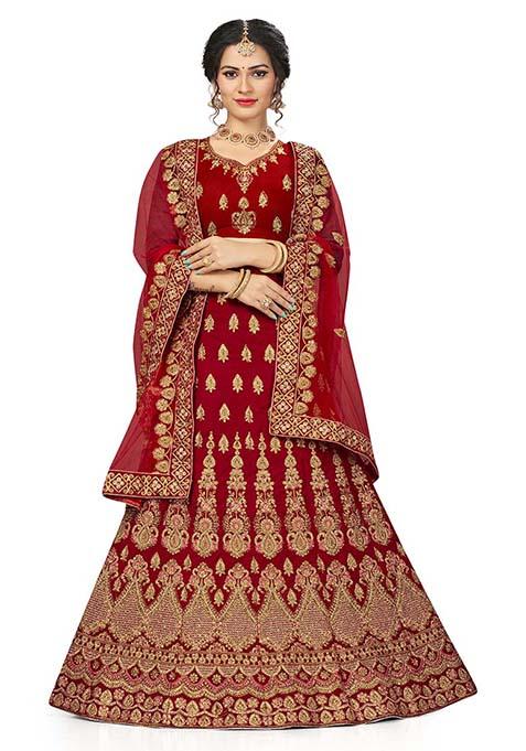 Red Embroidered Velvet Lehenga Set