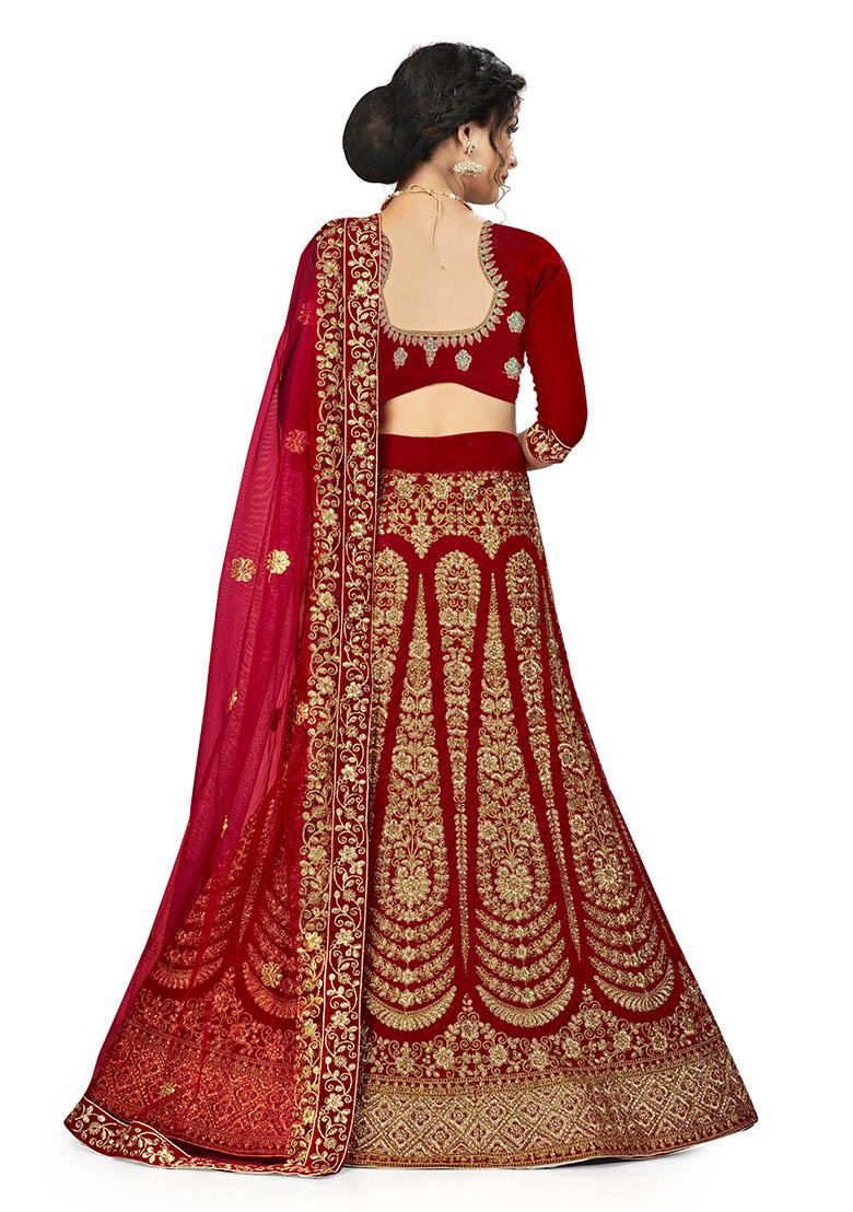 Red Embroidered Velvet Lehenga Set