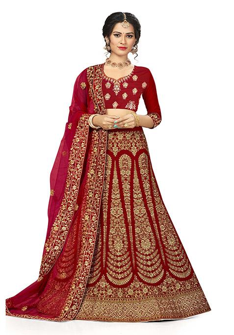 Red Embroidered Velvet Lehenga Set