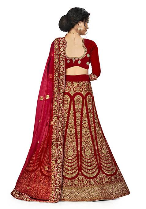 Red Embroidered Velvet Lehenga Set