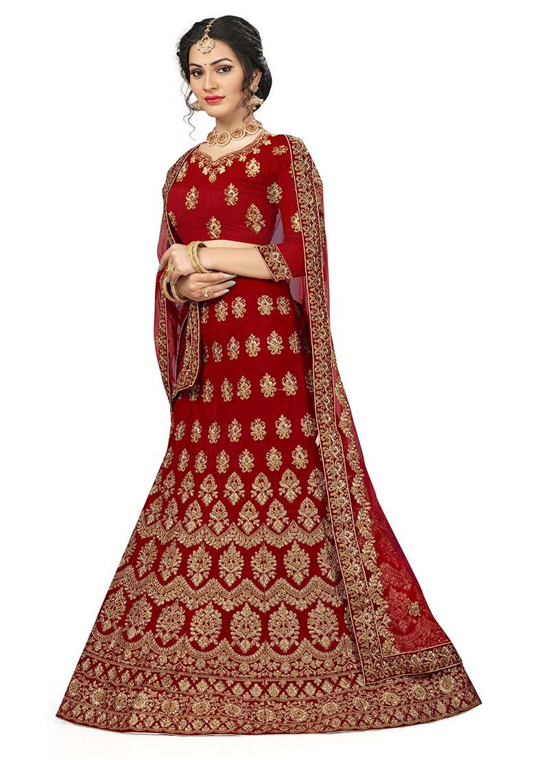 Red Embroidered Velvet Lehenga Set
