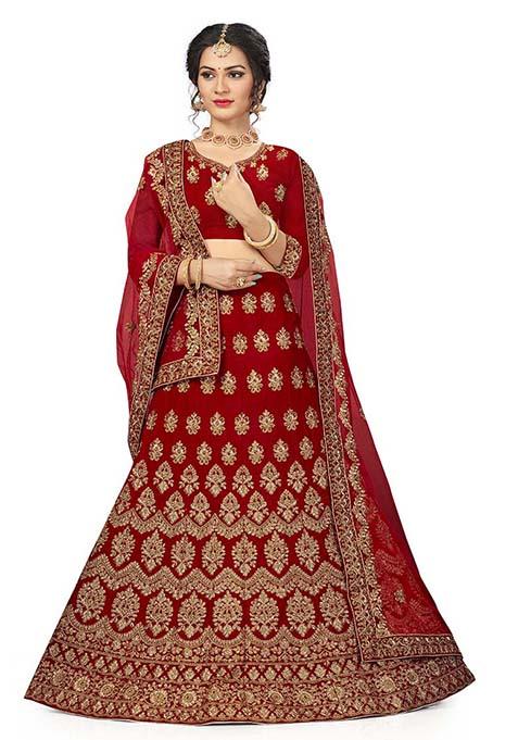 Red Embroidered Velvet Lehenga Set