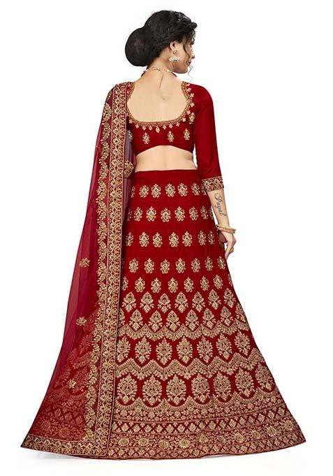 Red Embroidered Velvet Lehenga Set