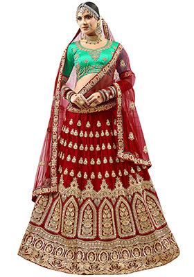 Maroon Embroidered Satin Silk Lehenga Set