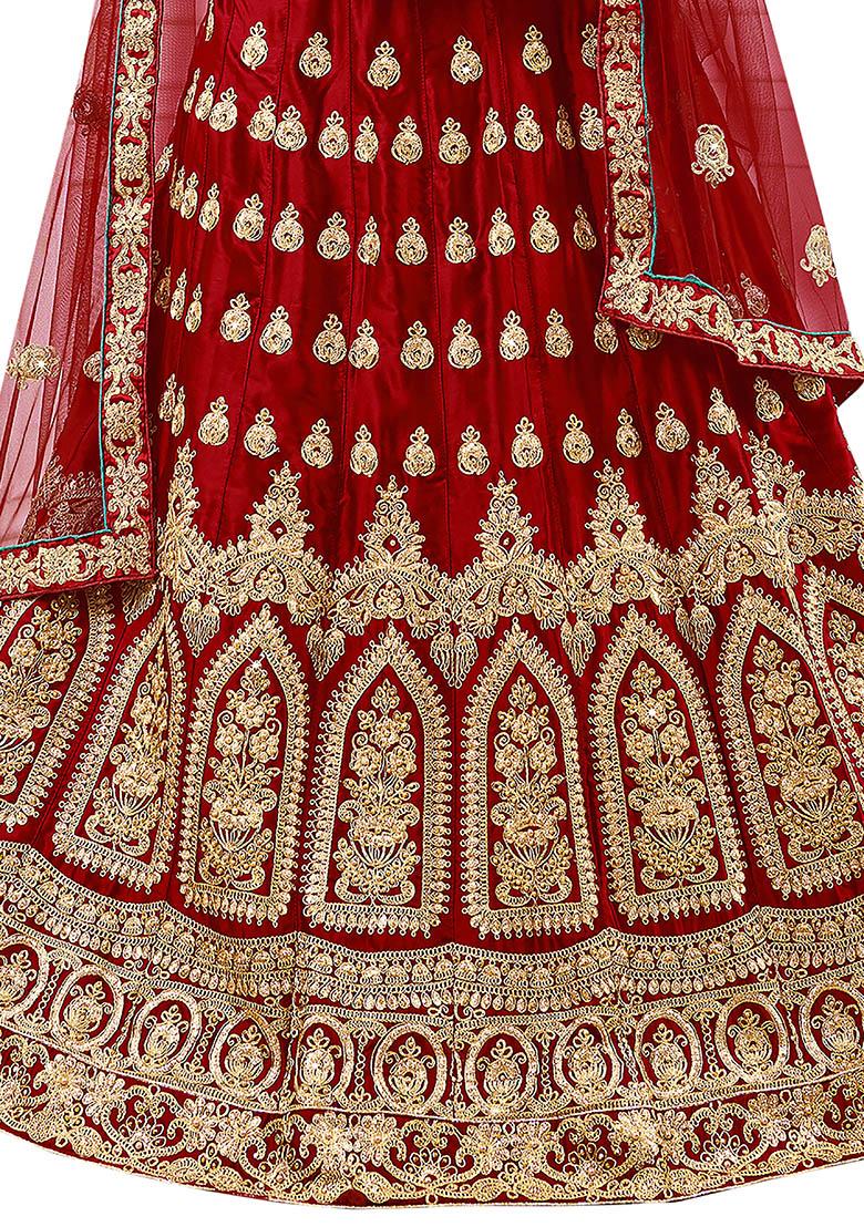 Maroon Embroidered Satin Silk Lehenga Set