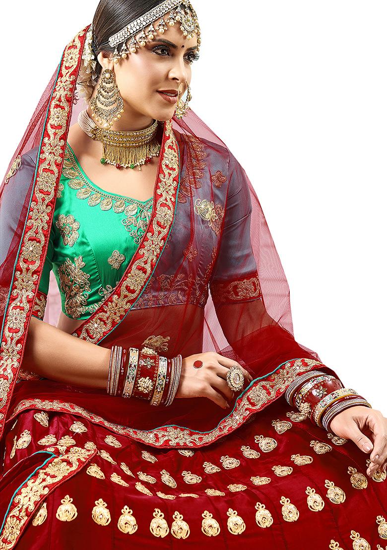 Maroon Embroidered Satin Silk Lehenga Set
