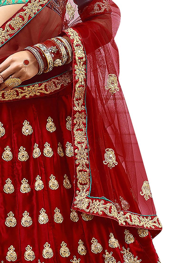 Maroon Embroidered Satin Silk Lehenga Set