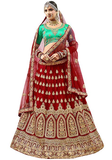 Maroon Embroidered Satin Silk Lehenga Set