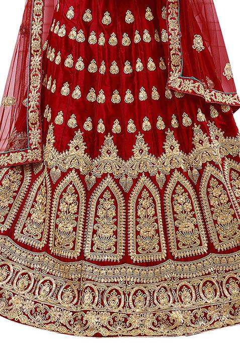 Maroon Embroidered Satin Silk Lehenga Set