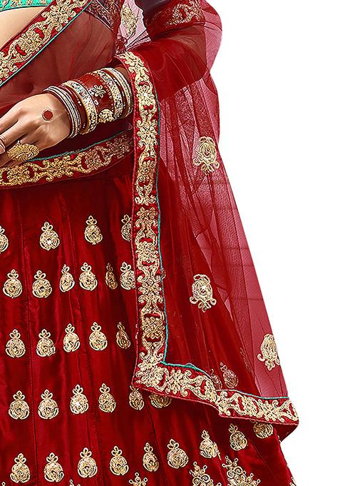Maroon Embroidered Satin Silk Lehenga Set