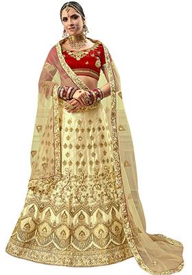 Beige Embroidered Satin Silk Lehenga Set