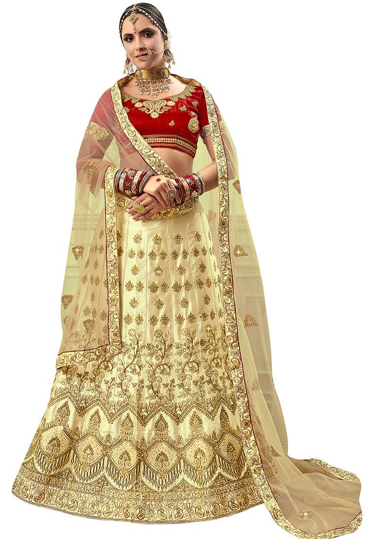 Beige Embroidered Satin Silk Lehenga Set