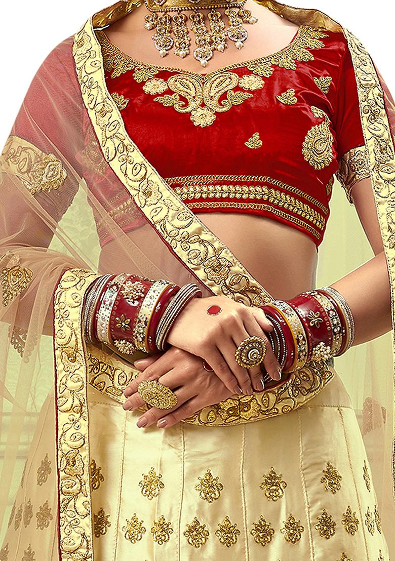 Beige Embroidered Satin Silk Lehenga Set