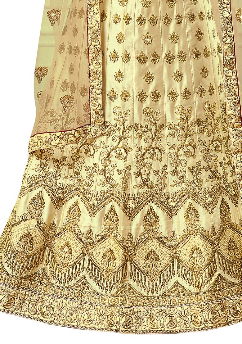 Beige Embroidered Satin Silk Lehenga Set