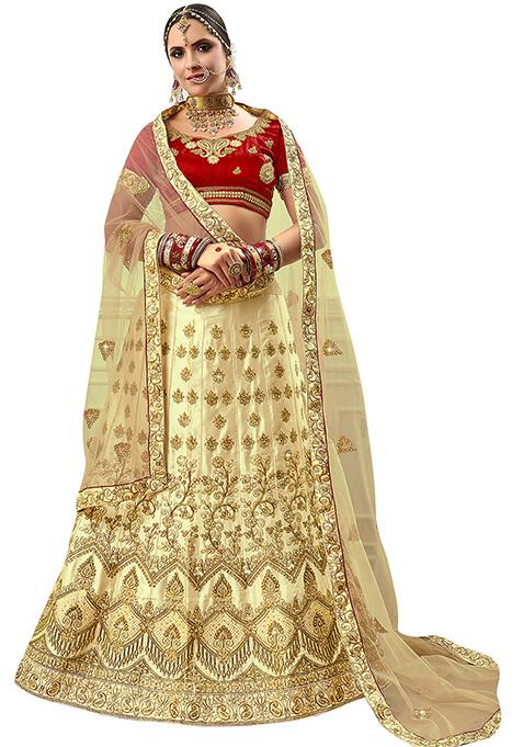 Beige Embroidered Satin Silk Lehenga Set