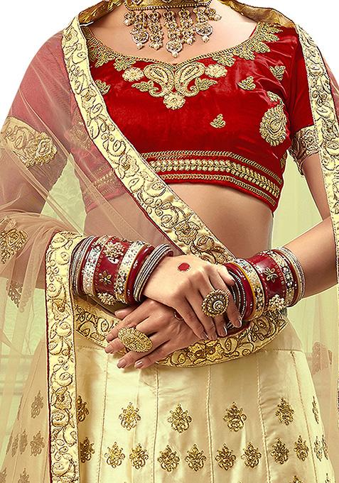 Beige Embroidered Satin Silk Lehenga Set
