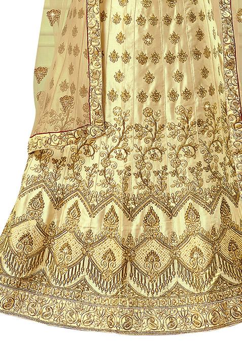 Beige Embroidered Satin Silk Lehenga Set