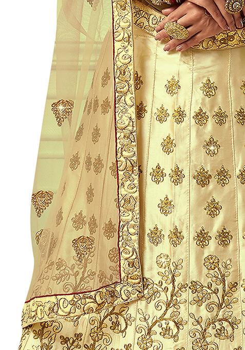 Beige Embroidered Satin Silk Lehenga Set