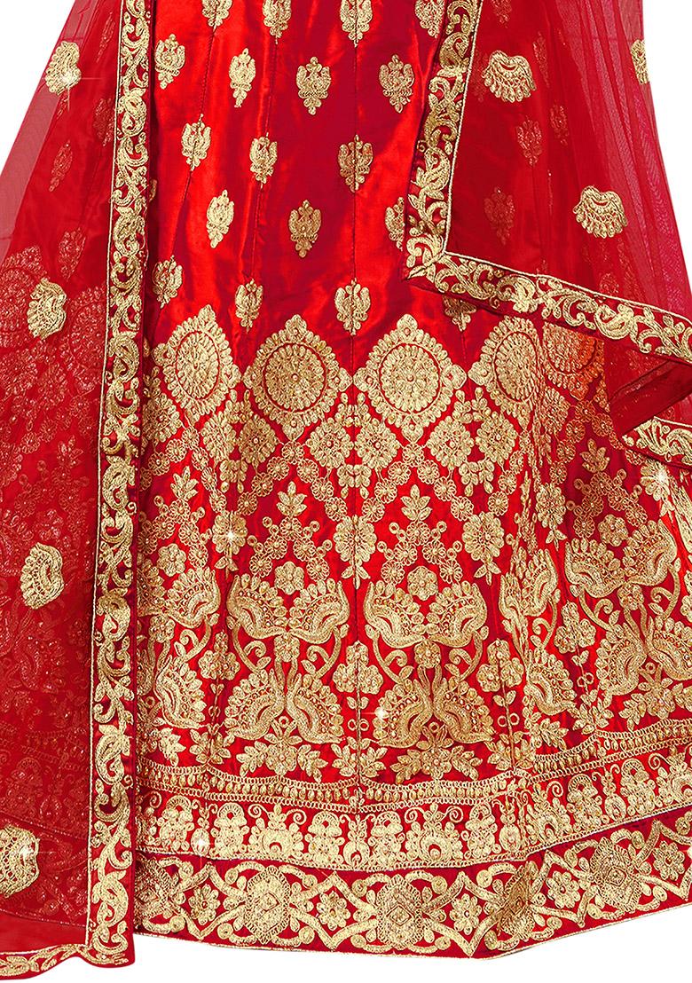 Red Embroidered Satin Silk Lehenga Set