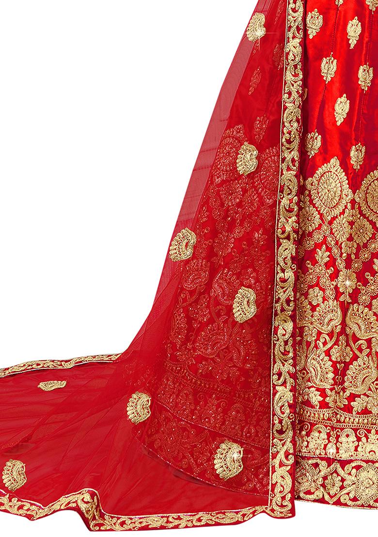Red Embroidered Satin Silk Lehenga Set