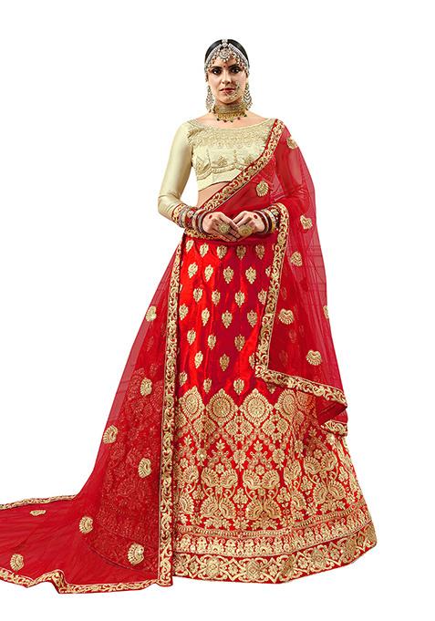 Red Embroidered Satin Silk Lehenga Set