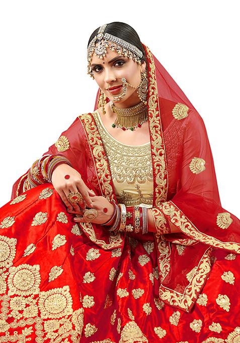 Red Embroidered Satin Silk Lehenga Set