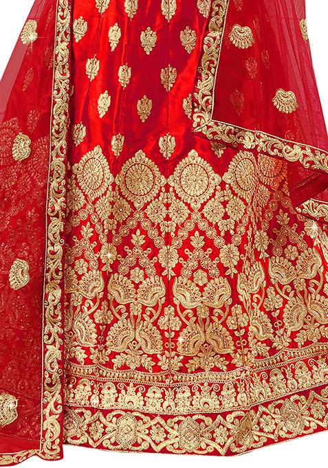 Red Embroidered Satin Silk Lehenga Set