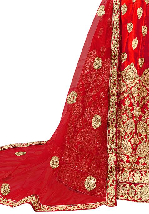 Red Embroidered Satin Silk Lehenga Set
