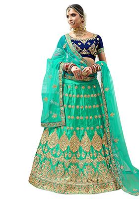 Sea Green Embroidered Satin Silk Lehenga Set