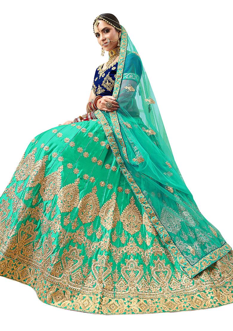 Sea Green Embroidered Satin Silk Lehenga Set