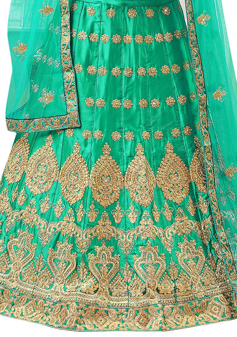 Sea Green Embroidered Satin Silk Lehenga Set