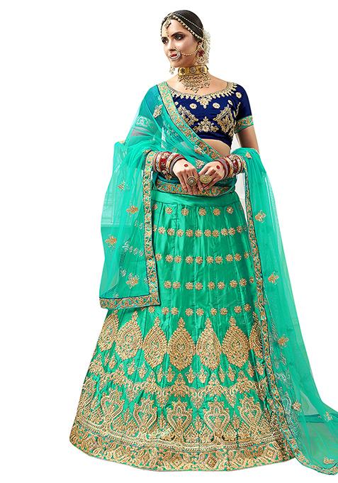 Sea Green Embroidered Satin Silk Lehenga Set