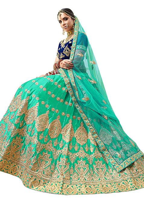 Sea Green Embroidered Satin Silk Lehenga Set