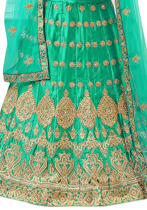 Sea Green Embroidered Satin Silk Lehenga Set