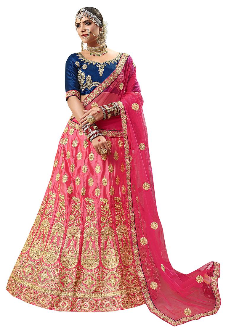 Pink Embroidered Satin Silk Lehenga Set