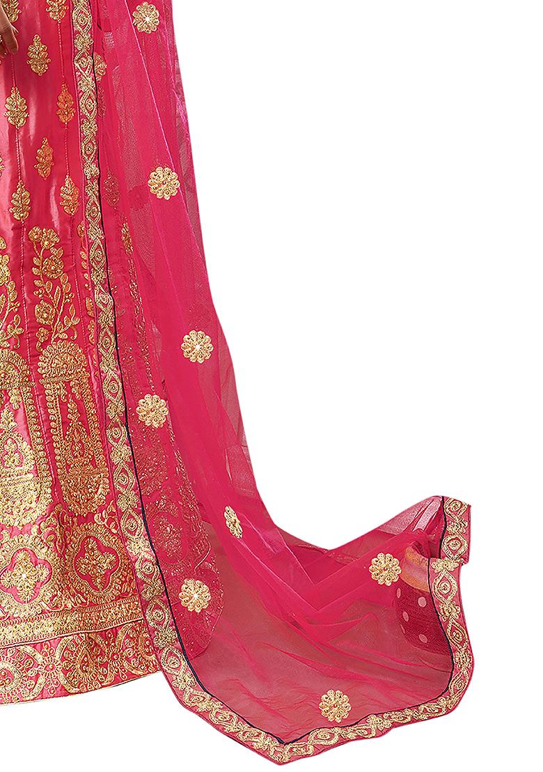 Pink Embroidered Satin Silk Lehenga Set