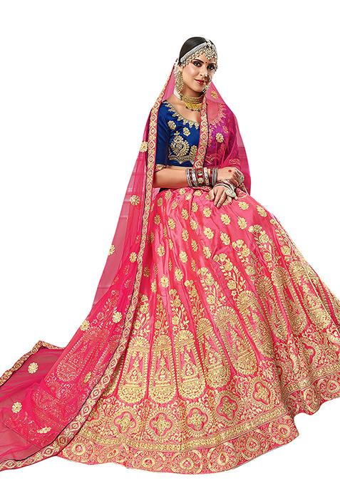 Pink Embroidered Satin Silk Lehenga Set