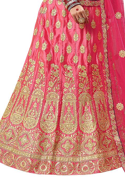 Pink Embroidered Satin Silk Lehenga Set