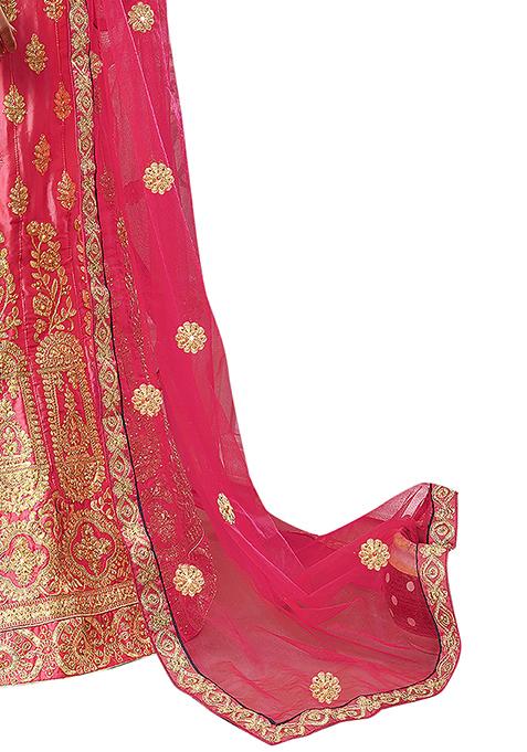 Pink Embroidered Satin Silk Lehenga Set