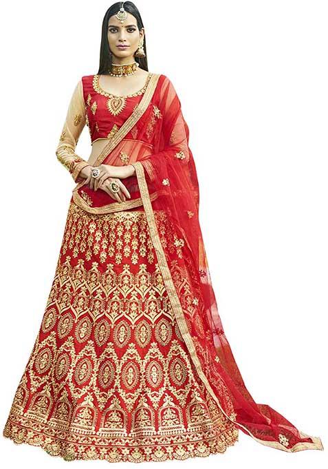 Red Embroidered Silk Lehenga Set