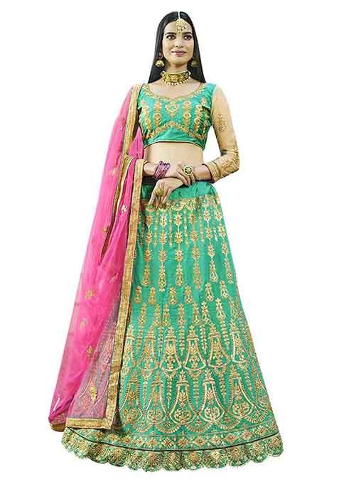 Light Green Embroidered Silk Lehenga Set