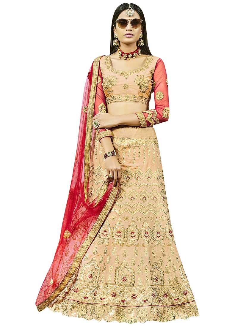 Peach Embroidered Silk Lehenga Set