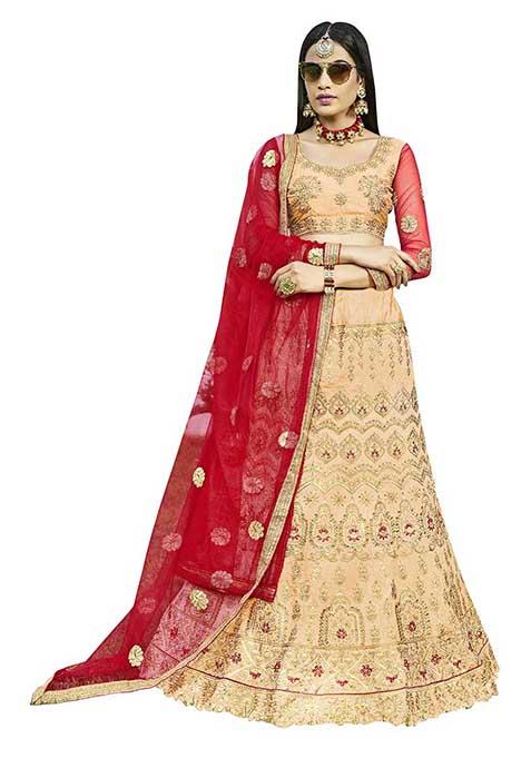 Peach Embroidered Silk Lehenga Set