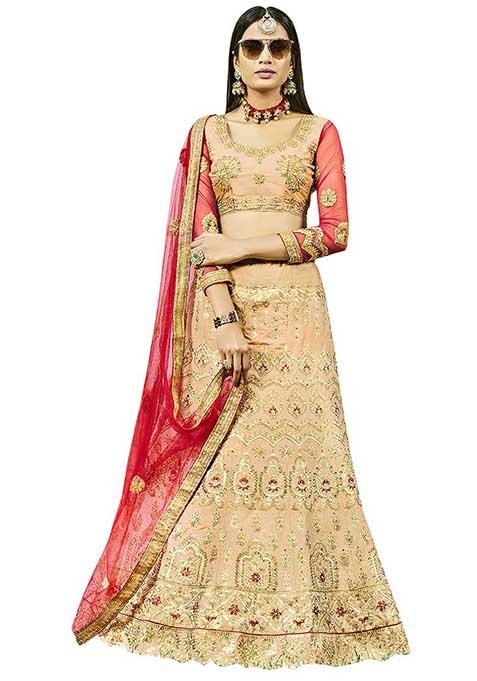 Peach Embroidered Silk Lehenga Set