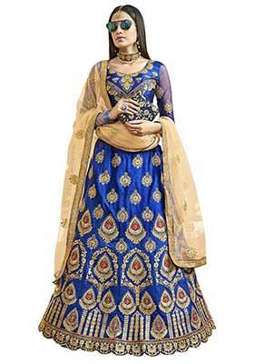 Blue Embroidered Silk Lehenga Set