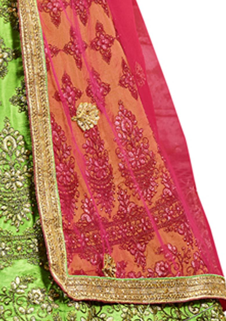 Green Embroidered Silk Lehenga Set - Indya