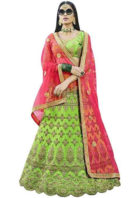 Green Embroidered Silk Lehenga Set