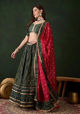 Green Table Print Poly Satin Lehenga Set