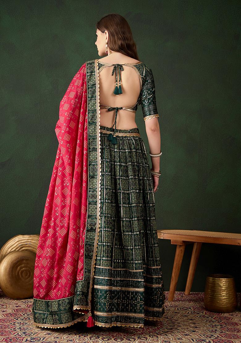 Green Table Print Poly Satin Lehenga Set