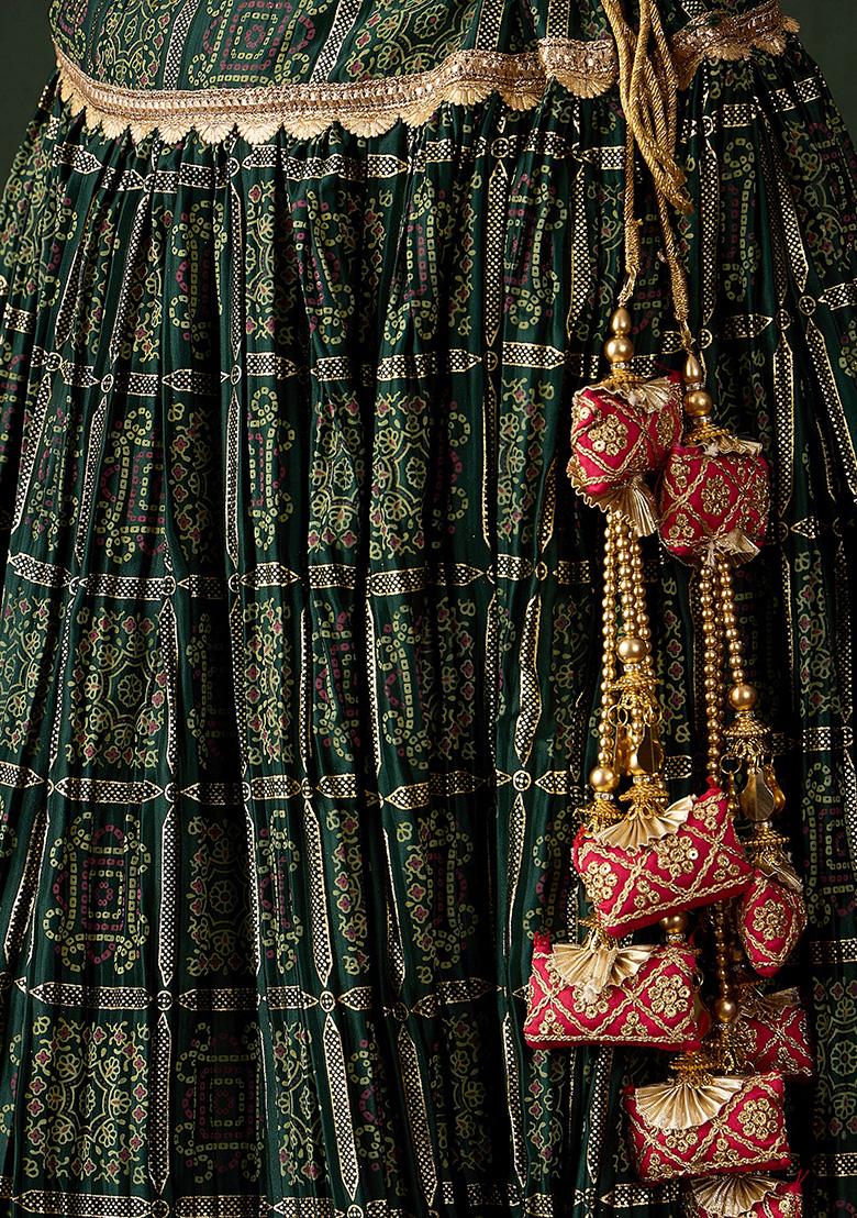 Green Table Print Poly Satin Lehenga Set